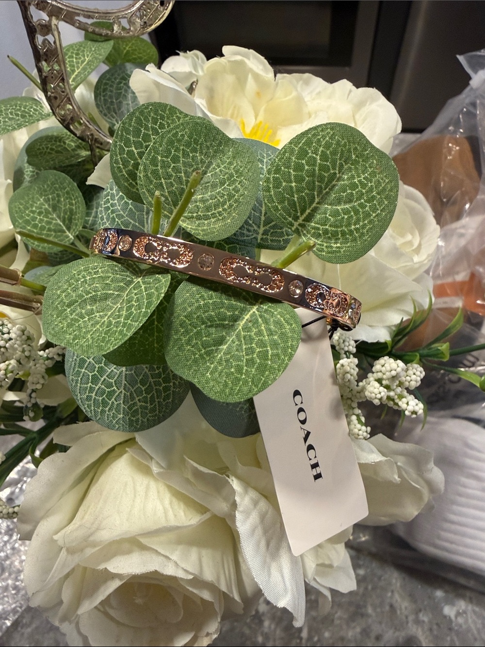 COACH Rose Gold Crystal-Accent Bangle with Clear Stones